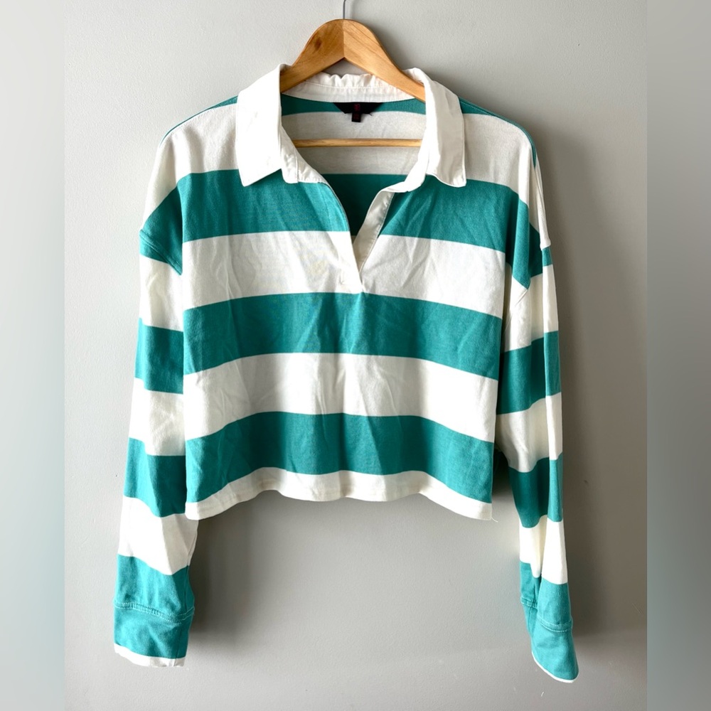NOBO Cropped Rugby-Style Shirt Teal & White Striped Long Sleeve Women’s XXL